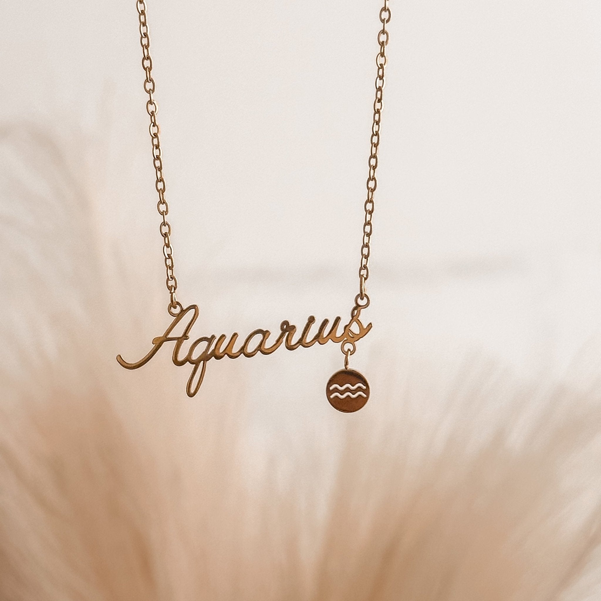 Aquarius zodiac necklace shown alone on a neutral background