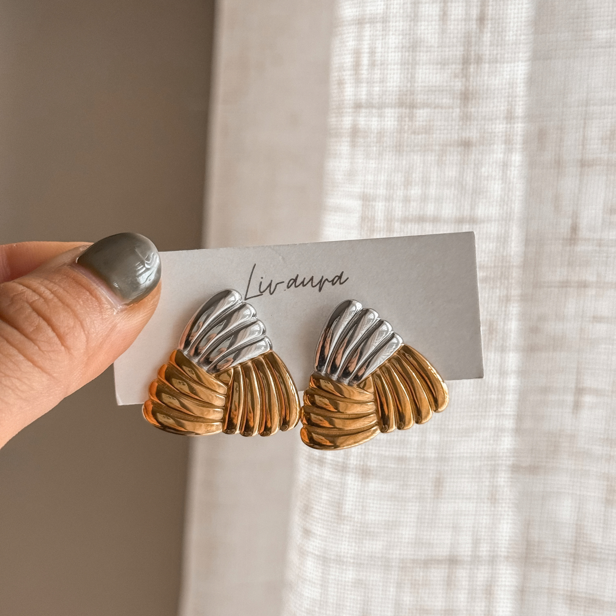 Gold ribbed triangle earrings on a Liv Aura earring card – Liv Aura