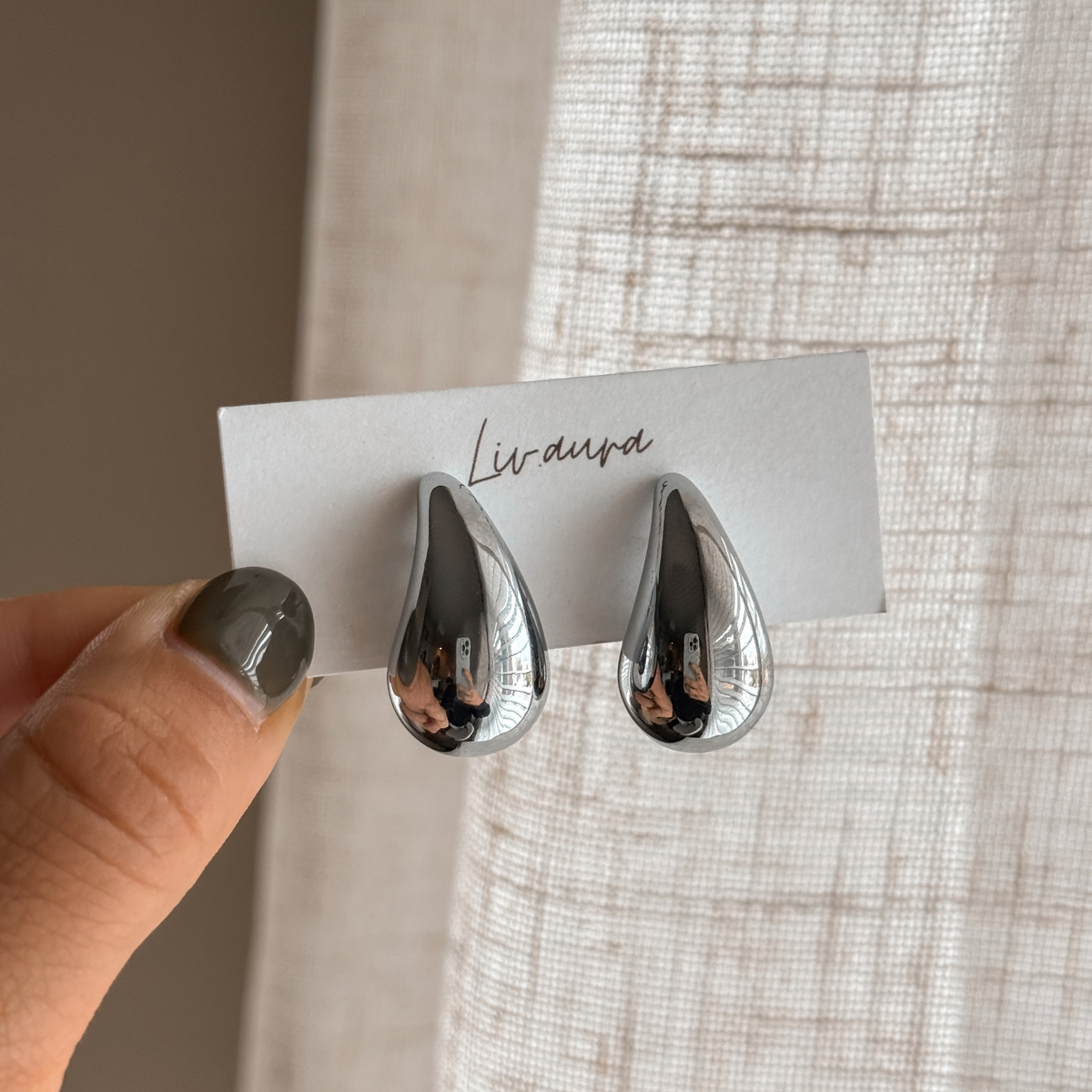 Silver teardrop earrings on a Liv Aura earring card – Liv Aura