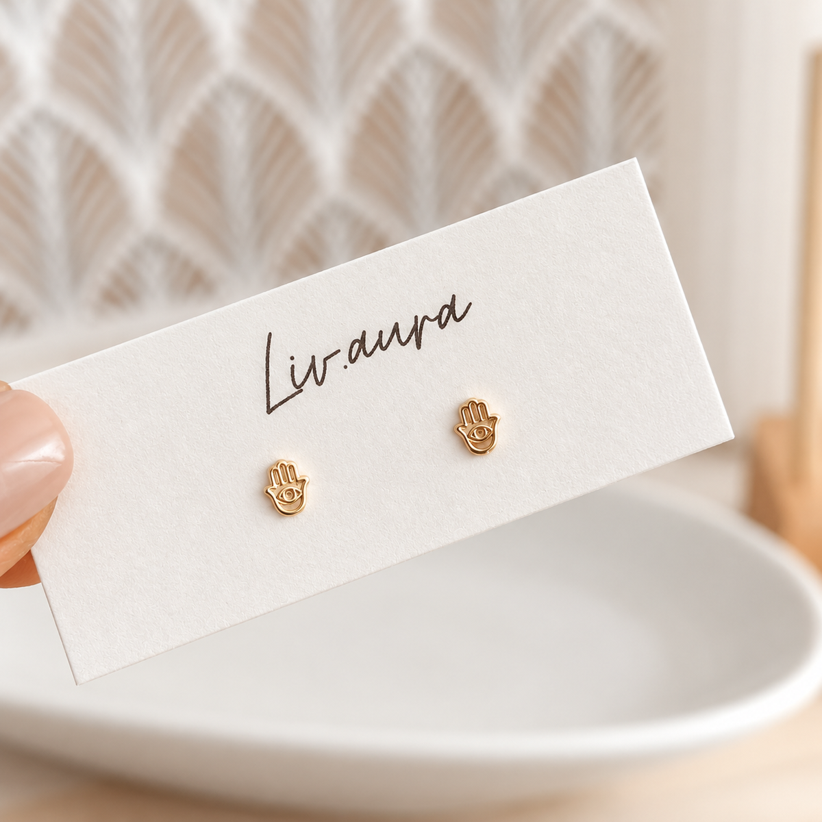 10K Solid Gold Mini Hamsa Hand Stud Earrings
