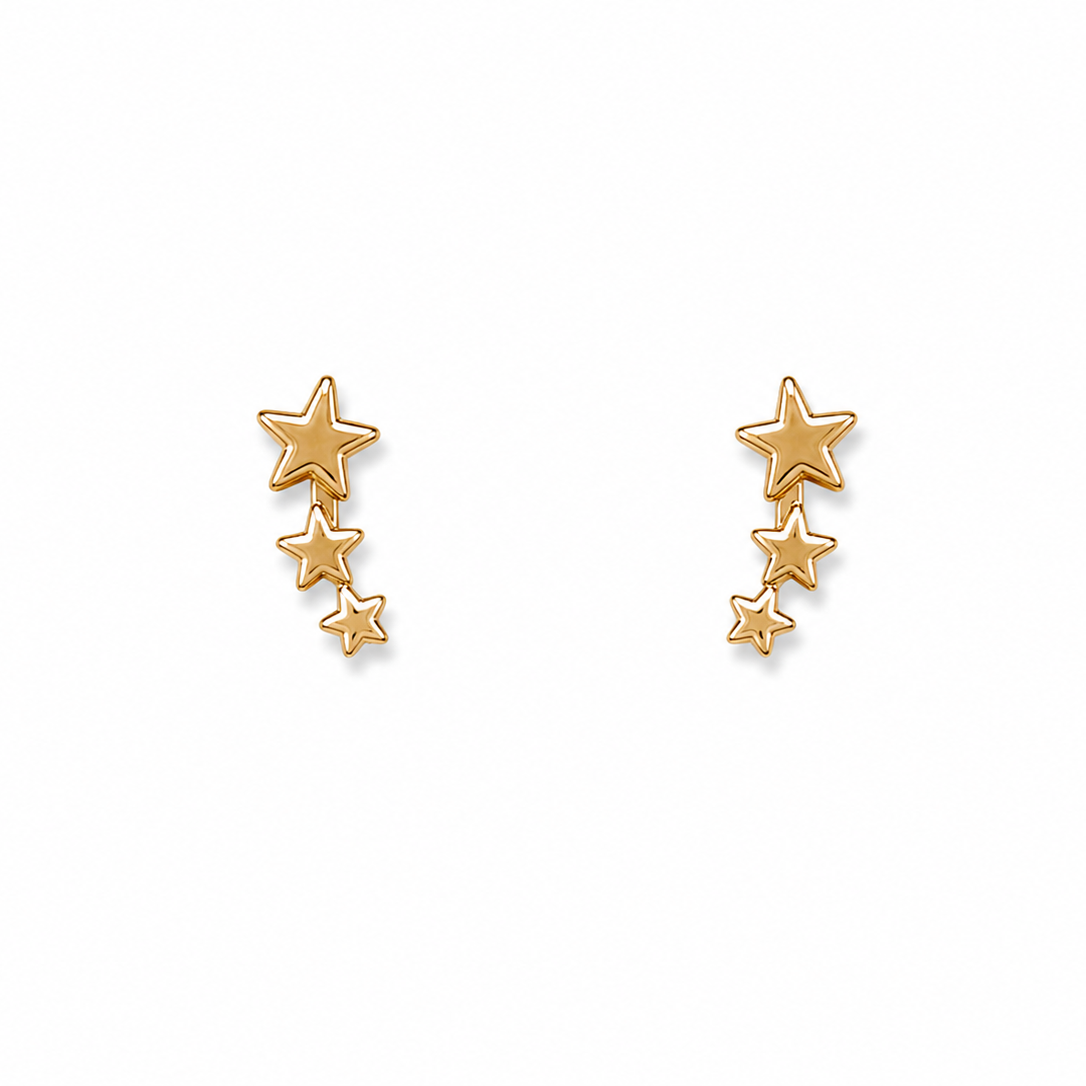 A pair of gold star stud earrings with three small stars hanging vertically on each earring, shown on a plain white background.