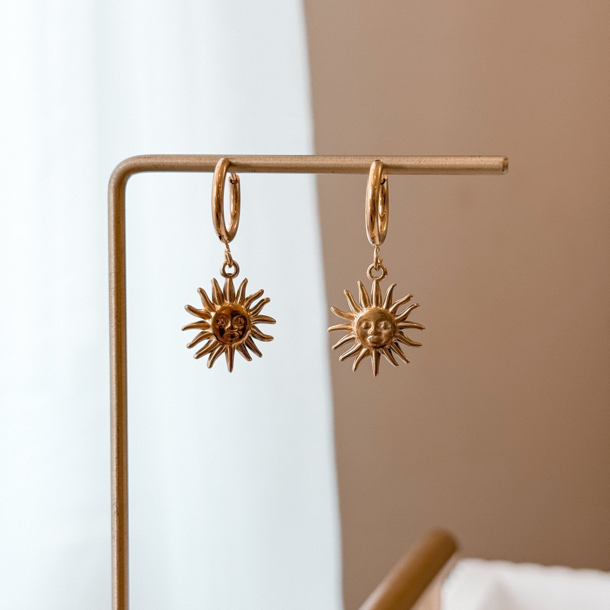 Solstice Hoops – 18K Gold Sun Dangle Earrings, Waterproof & Lightweight - Liv.Aura Jewelry