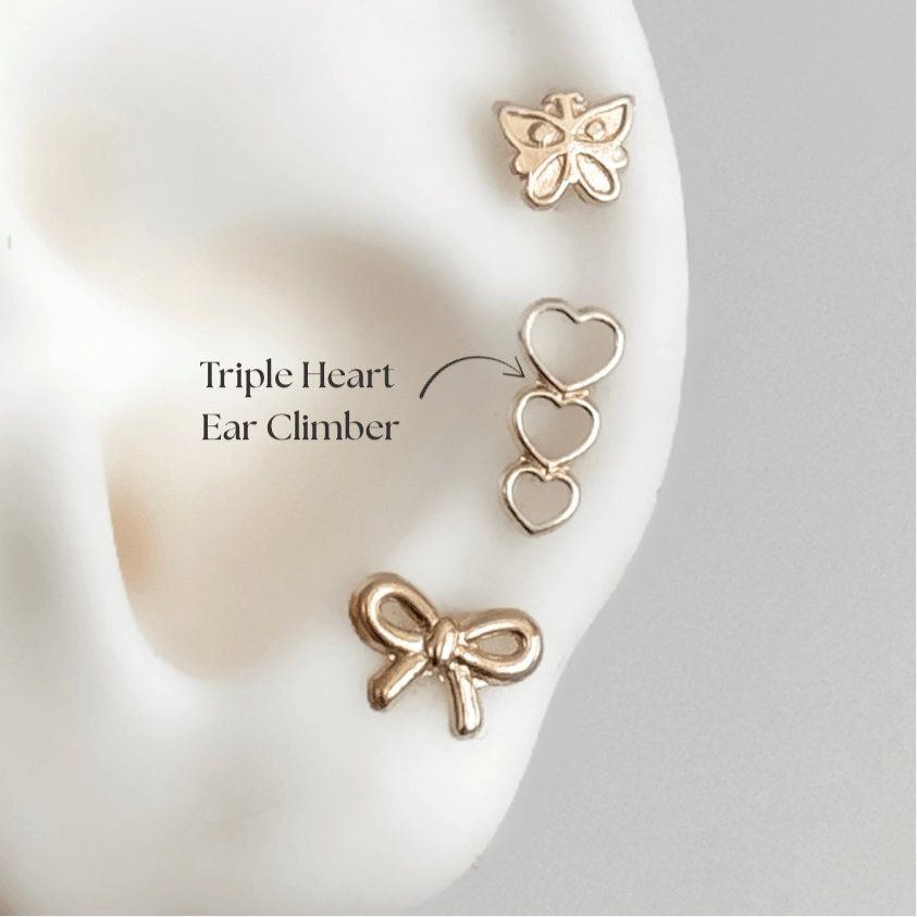 Triple Heart Ear Climber – 10K Gold Stud Earring, Hypoallergenic & Screw Back - Liv.Aura Jewelry