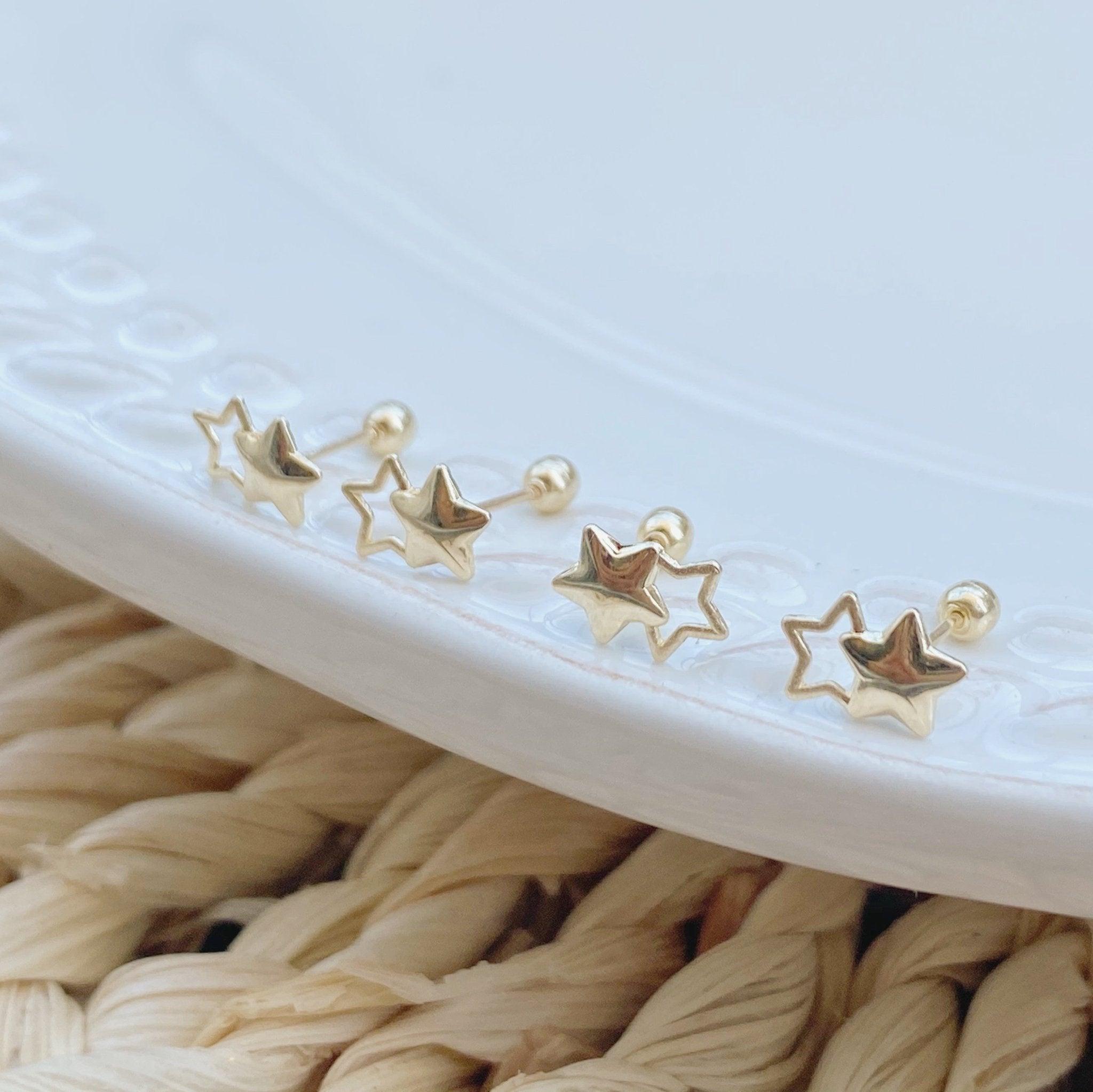Double Star Stud Earrings 10K Gold | Hypoallergenic Screw Back Earrings - Liv.Aura Jewelry