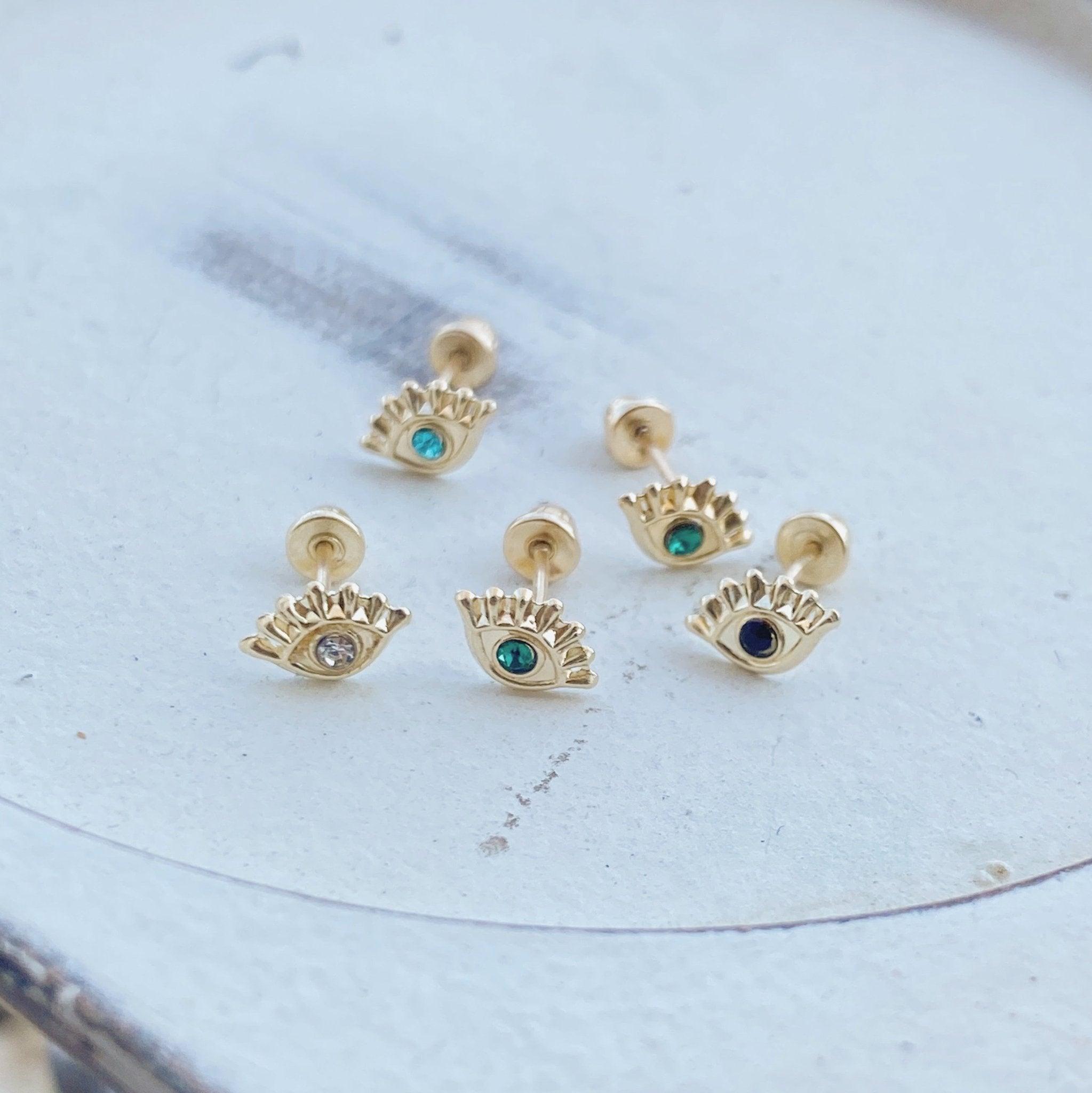 Evil Eye Stud Earrings 10K Gold white/black/green/pink/turquoise - Liv.Aura Jewelry