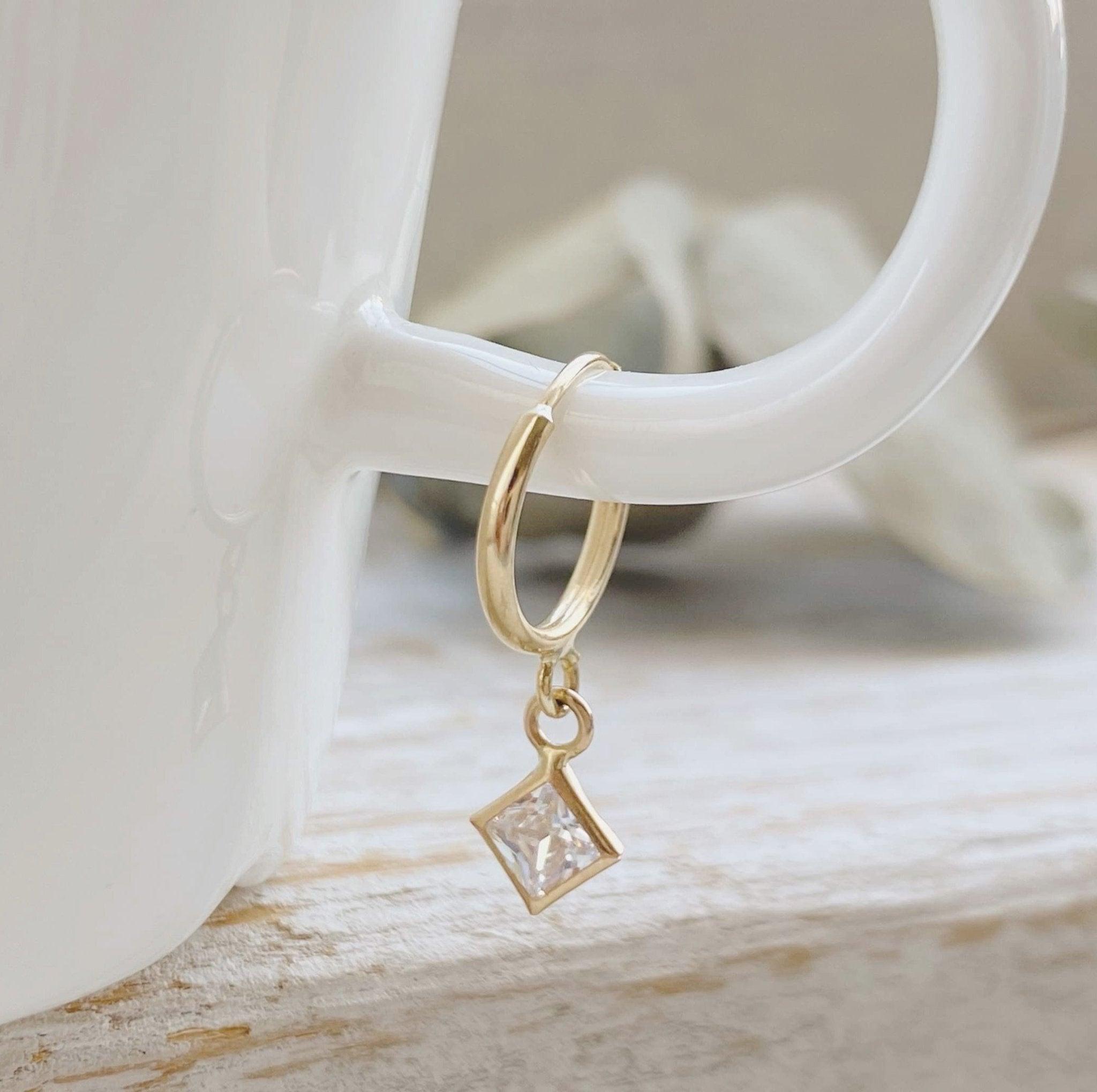 Rhomboid CZ Bezel Dangle Hoop Earrings 10K Gold - Liv.Aura Jewelry