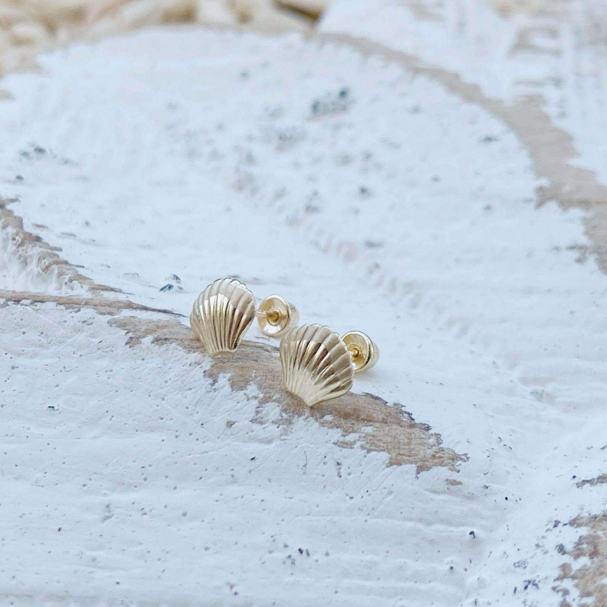 Seashell Stud Earrings 10K Gold – Waterproof, Hypoallergenic, Screw Backs - Liv.Aura Jewelry