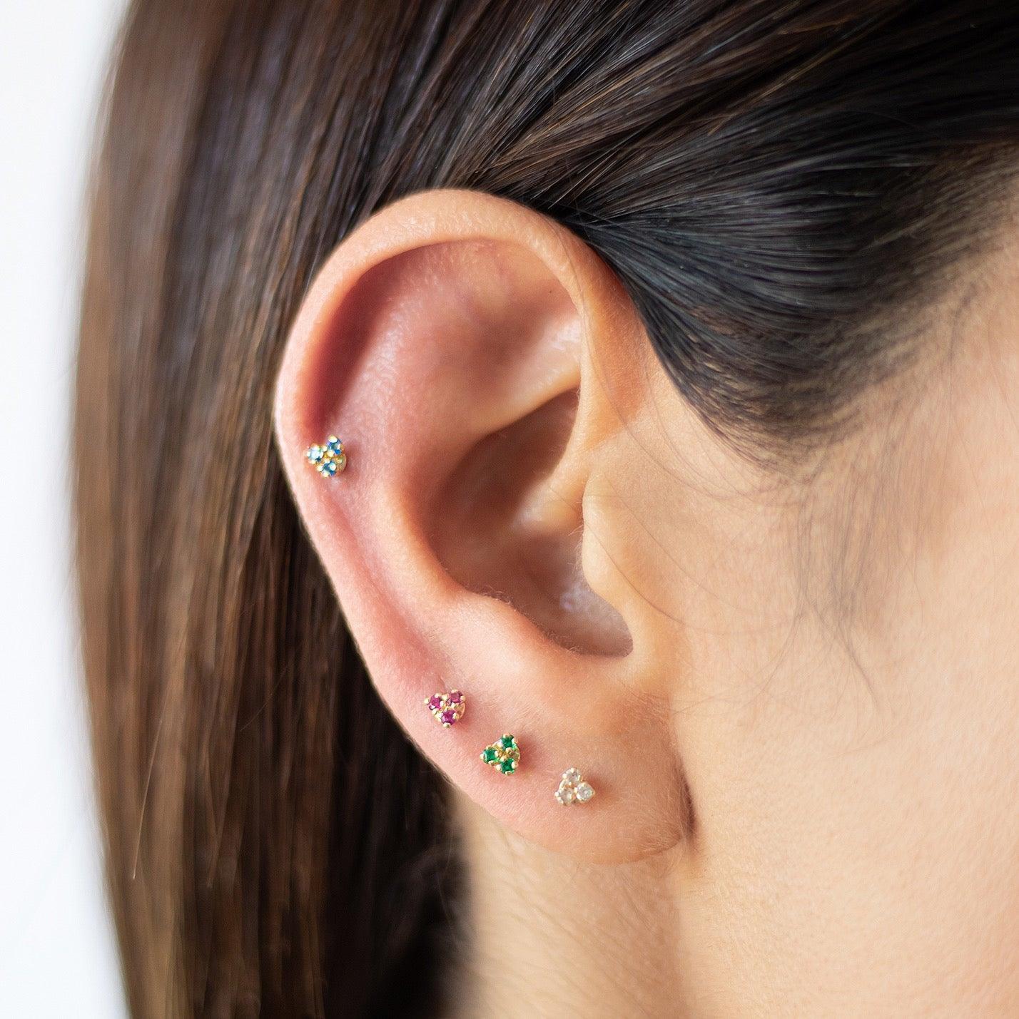 Three Dot Trio Stud Earrings 10K Gold white/red/blue/green - Liv.Aura Jewelry