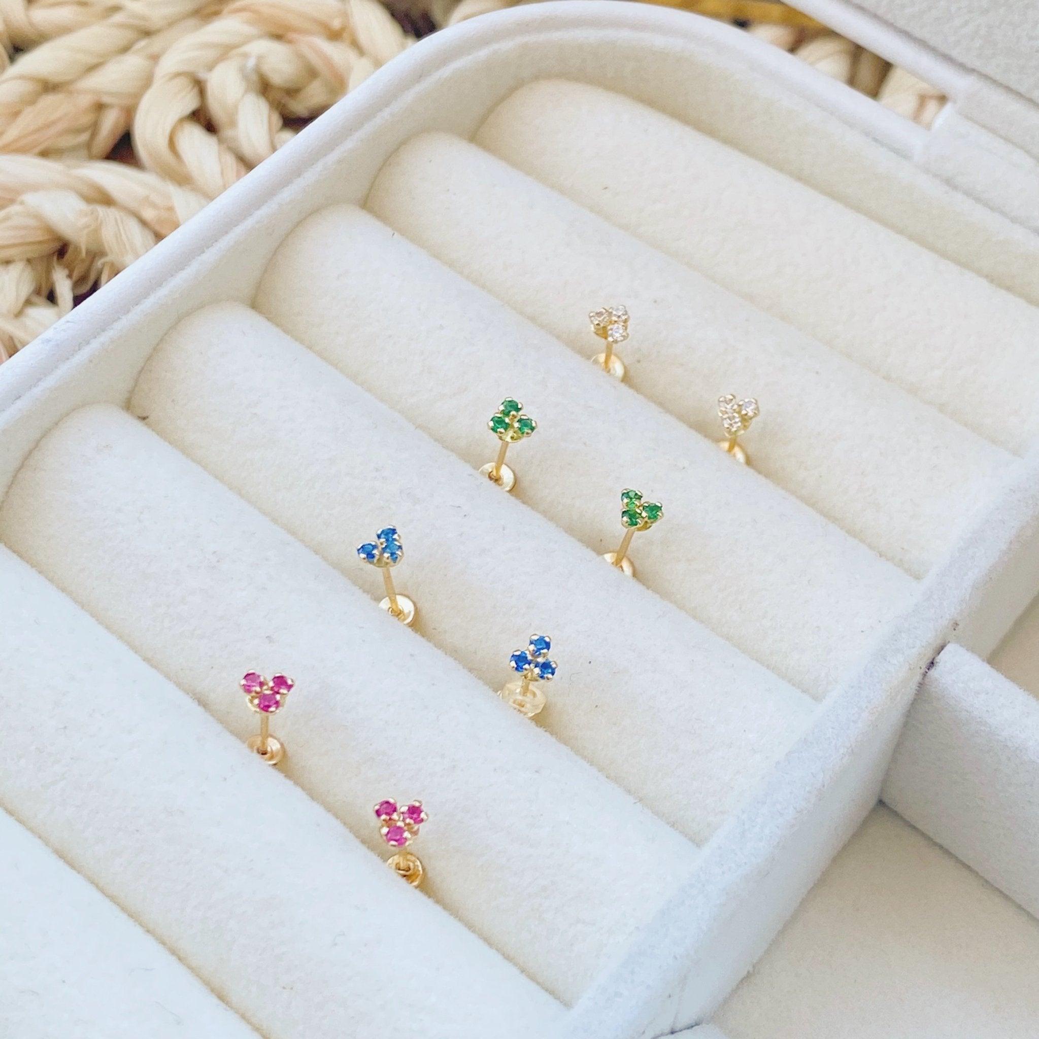 Three Dot Trio Stud Earrings 10K Gold white/red/blue/green - Liv.Aura Jewelry