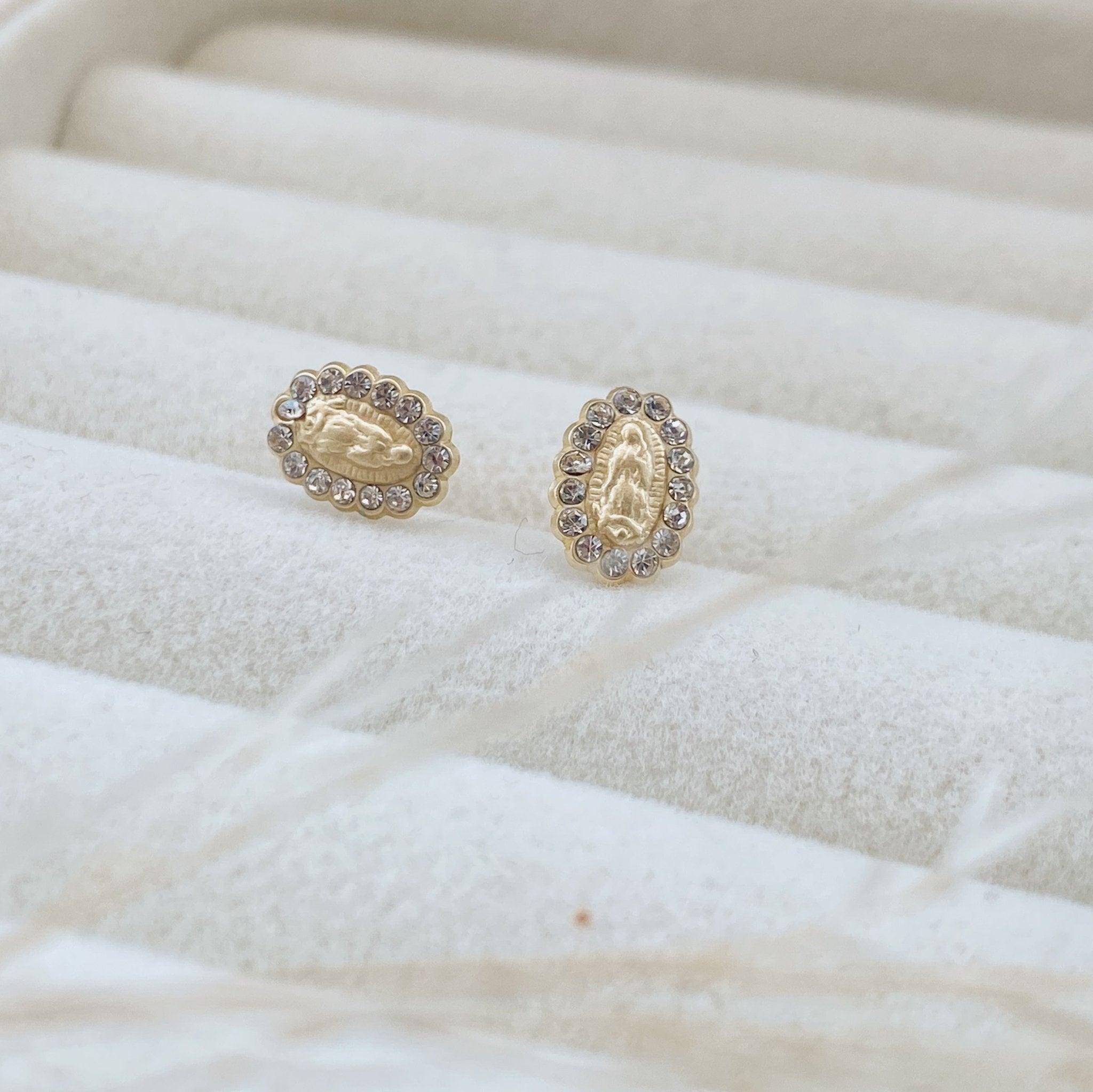 Virgin Mary Stud Earrings 10K Gold – Screw Back, Hypoallergenic & Waterproof - Liv.Aura Jewelry