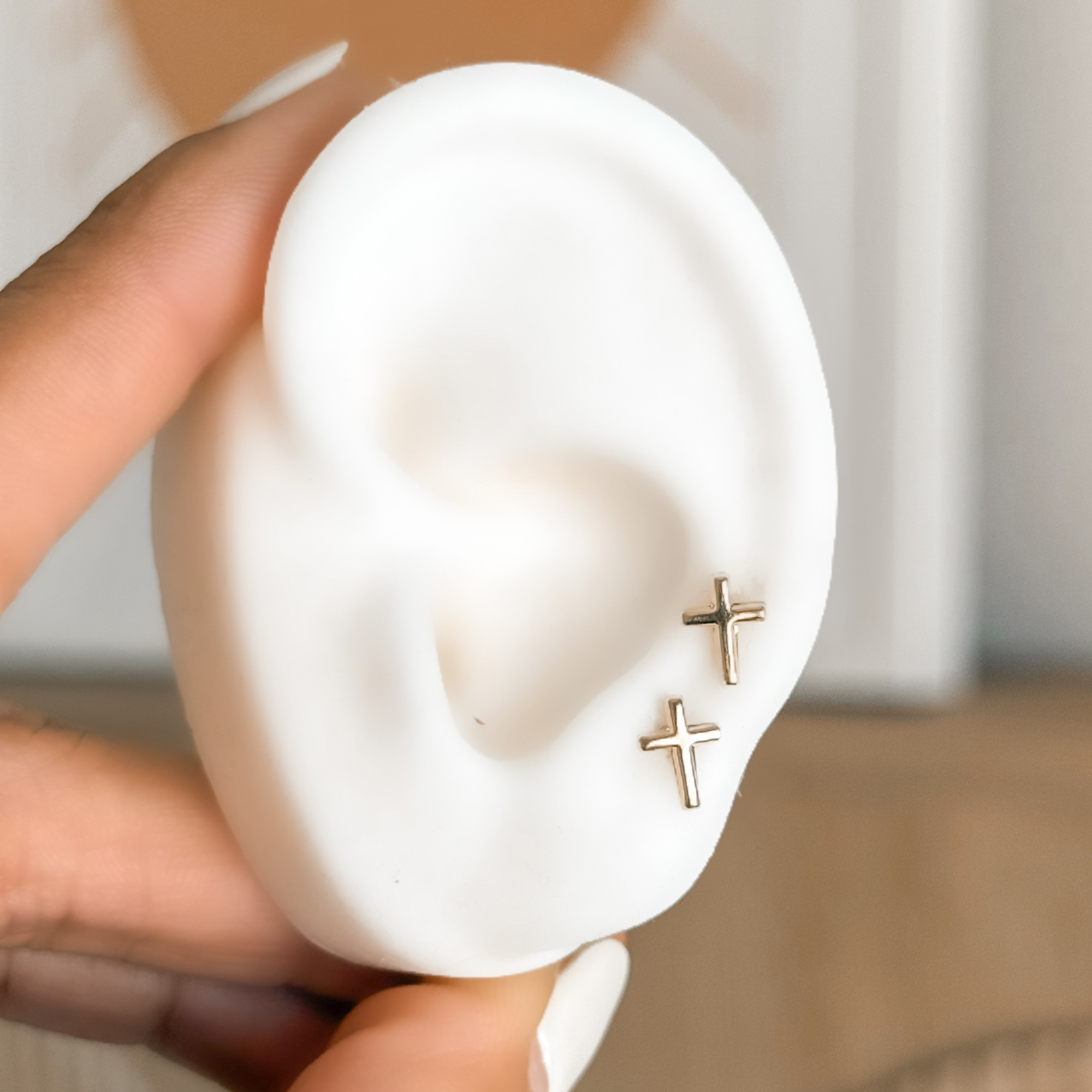 14K Solid Gold Cross Stud Earrings