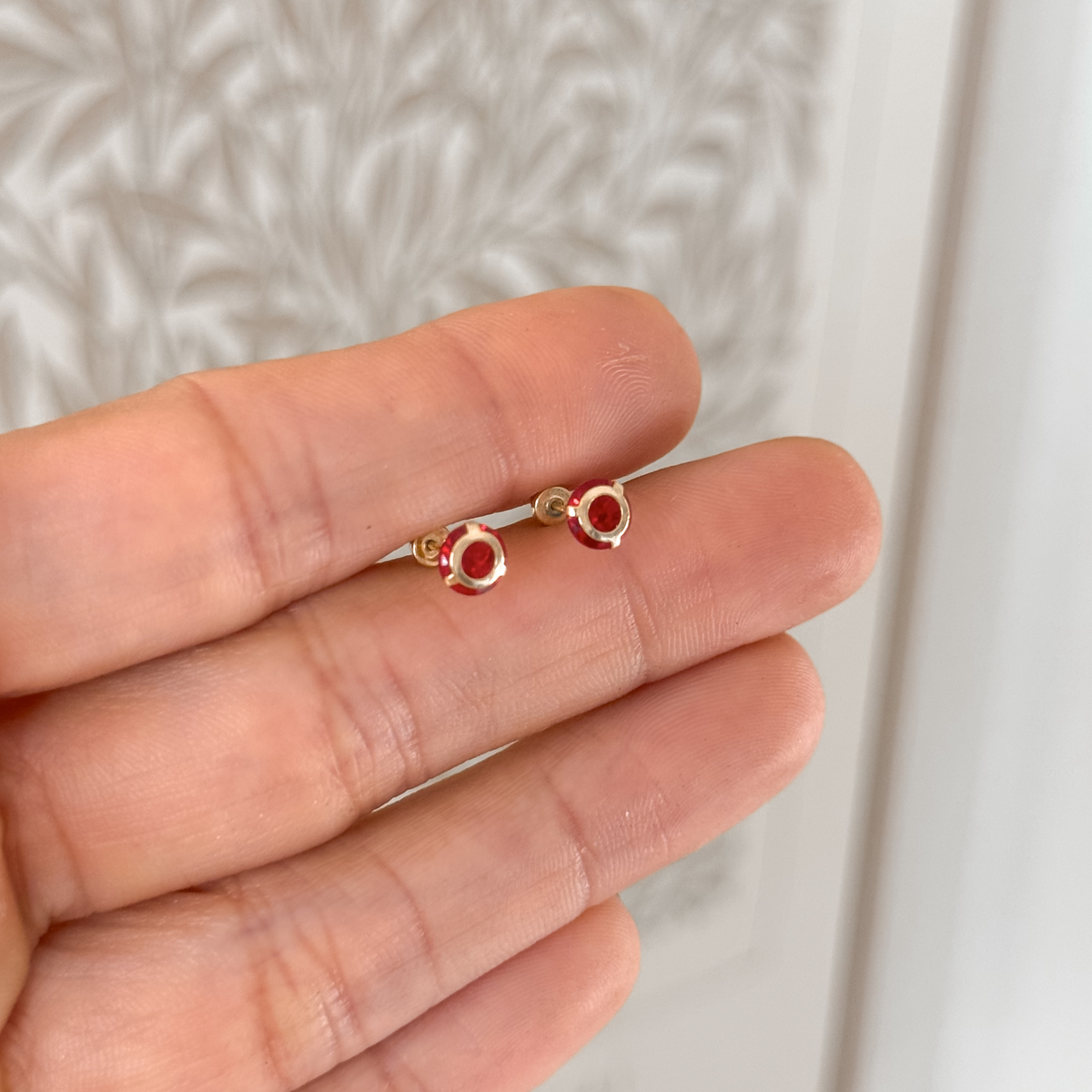 10K Solid Gold Round Red CZ Stud Earrings