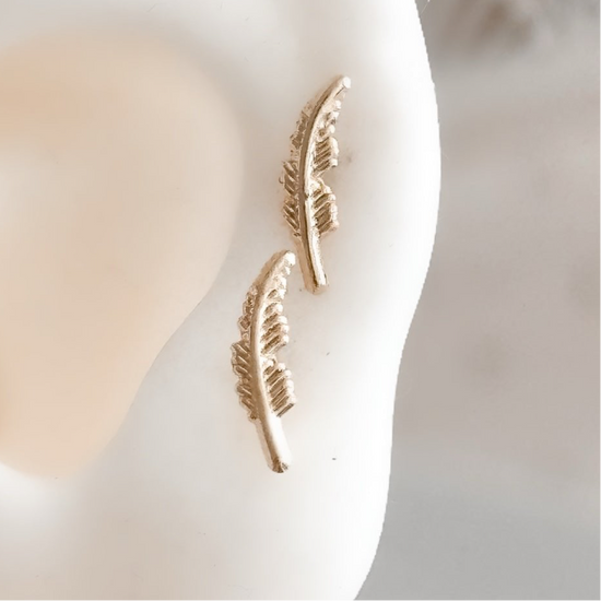 10K Gold Feather Stud Earrings – Screw Back, Hypoallergenic