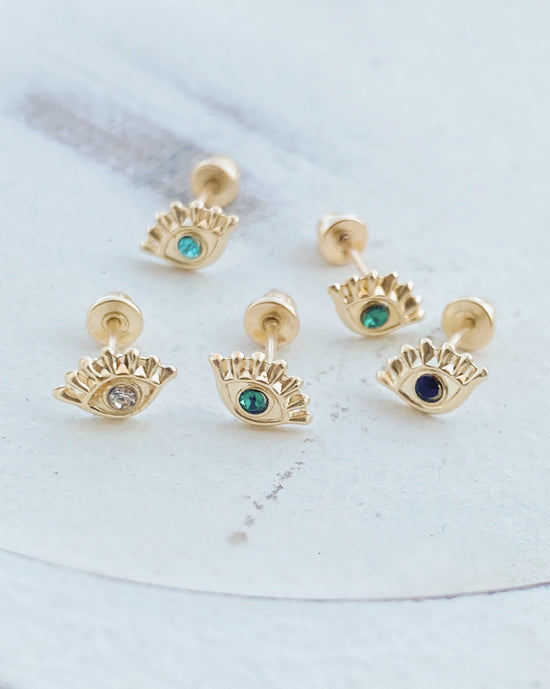 Load image into Gallery viewer, Evil Eye Stud Earrings 10K Gold white/black/green/pink/turquoise
