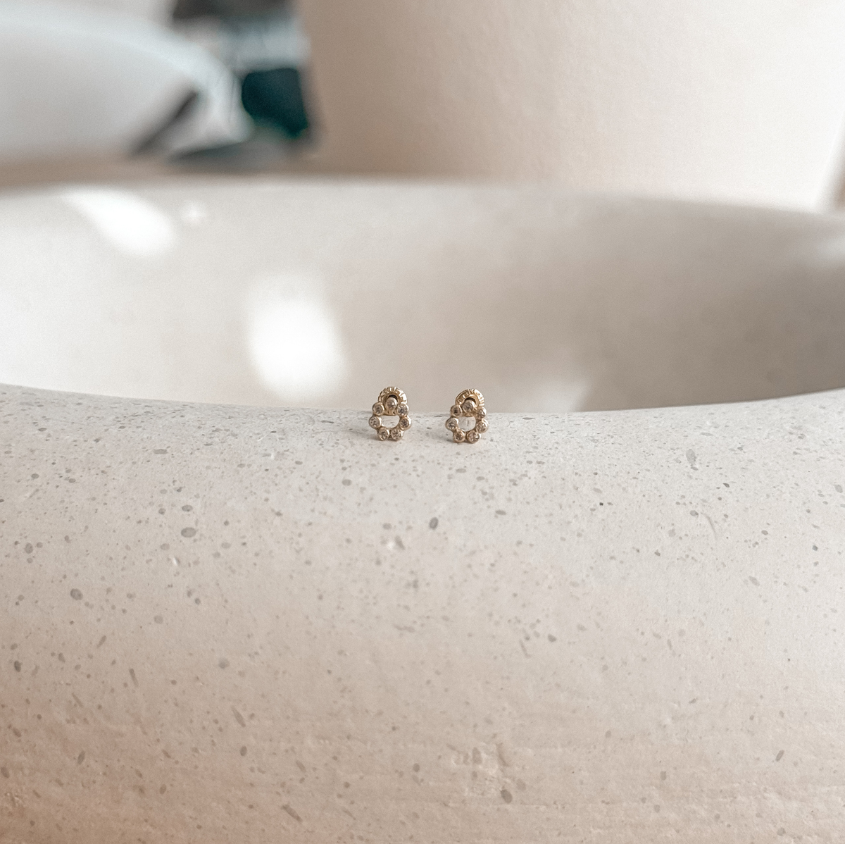 10K Solid Gold Tiny CZ Circle Stud Earrings