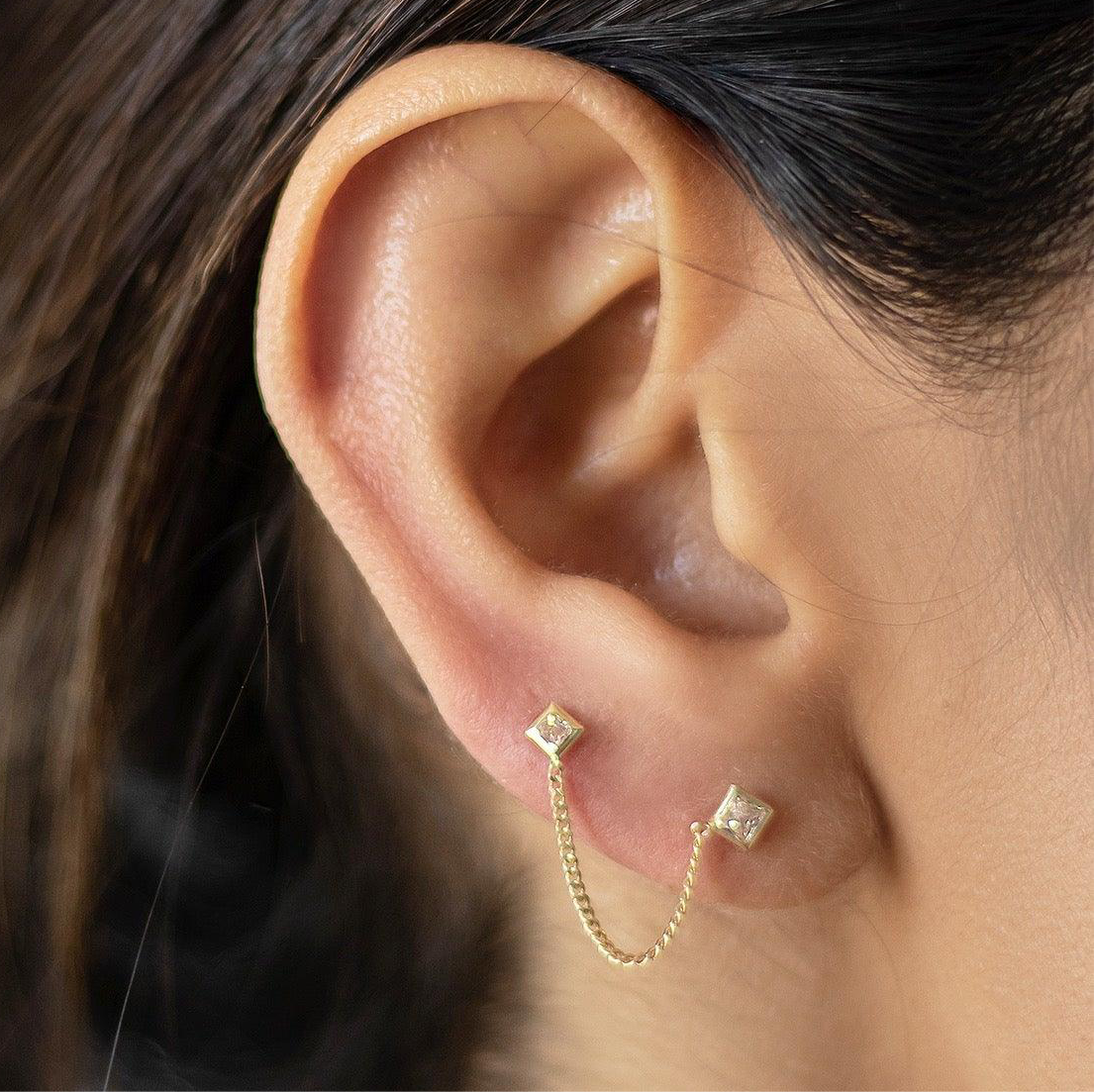 Double Square Piercing Earring – 10K Gold, Screw Back, Hypoallergenic, Piercing Jewelry