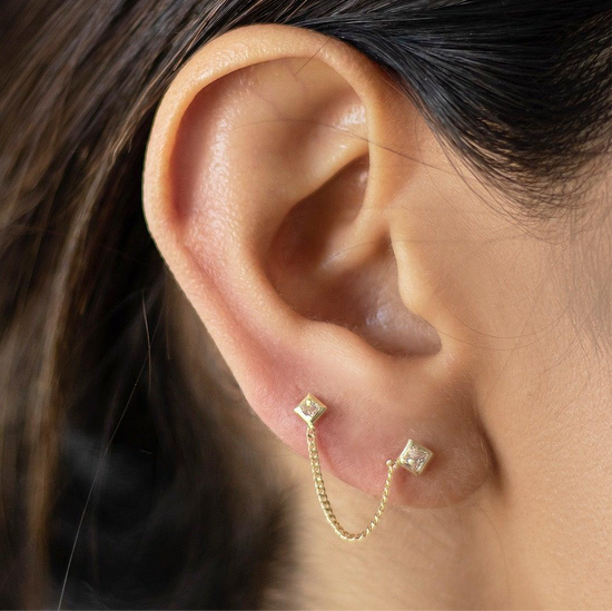 Double Square Piercing Earring – 10K Gold, Screw Back, Hypoallergenic, Piercing Jewelry