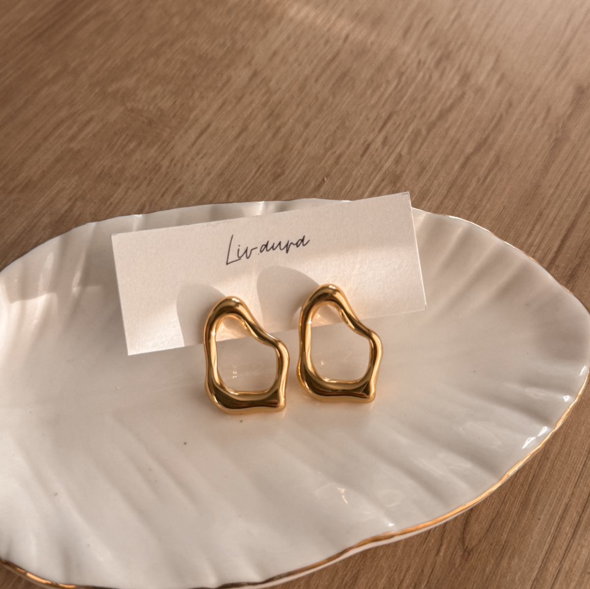 18K gold plated organic open stud earrings on a Liv Aura earring card – Liv Aura