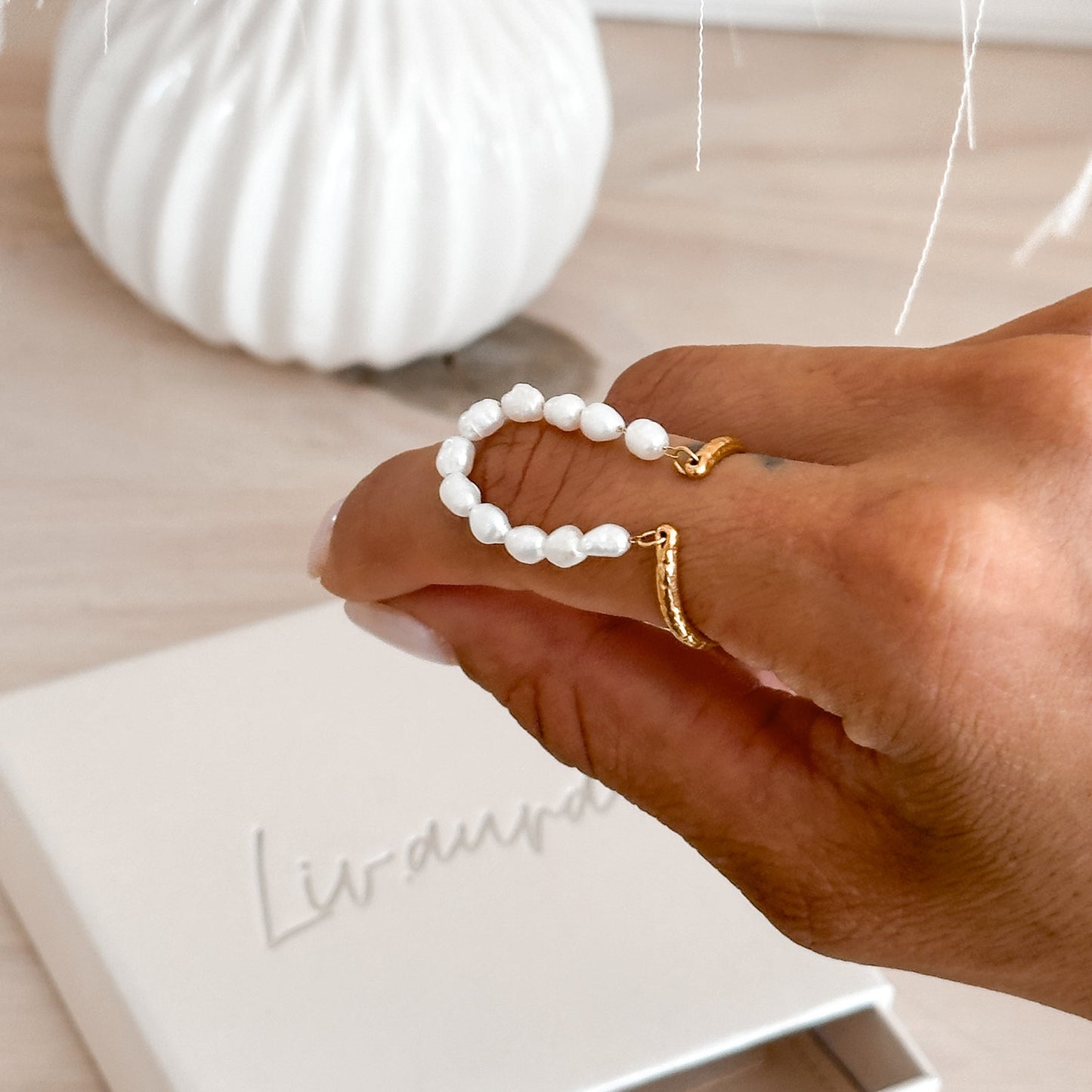 Freshwater Pearl Chain Ring 18K Gold