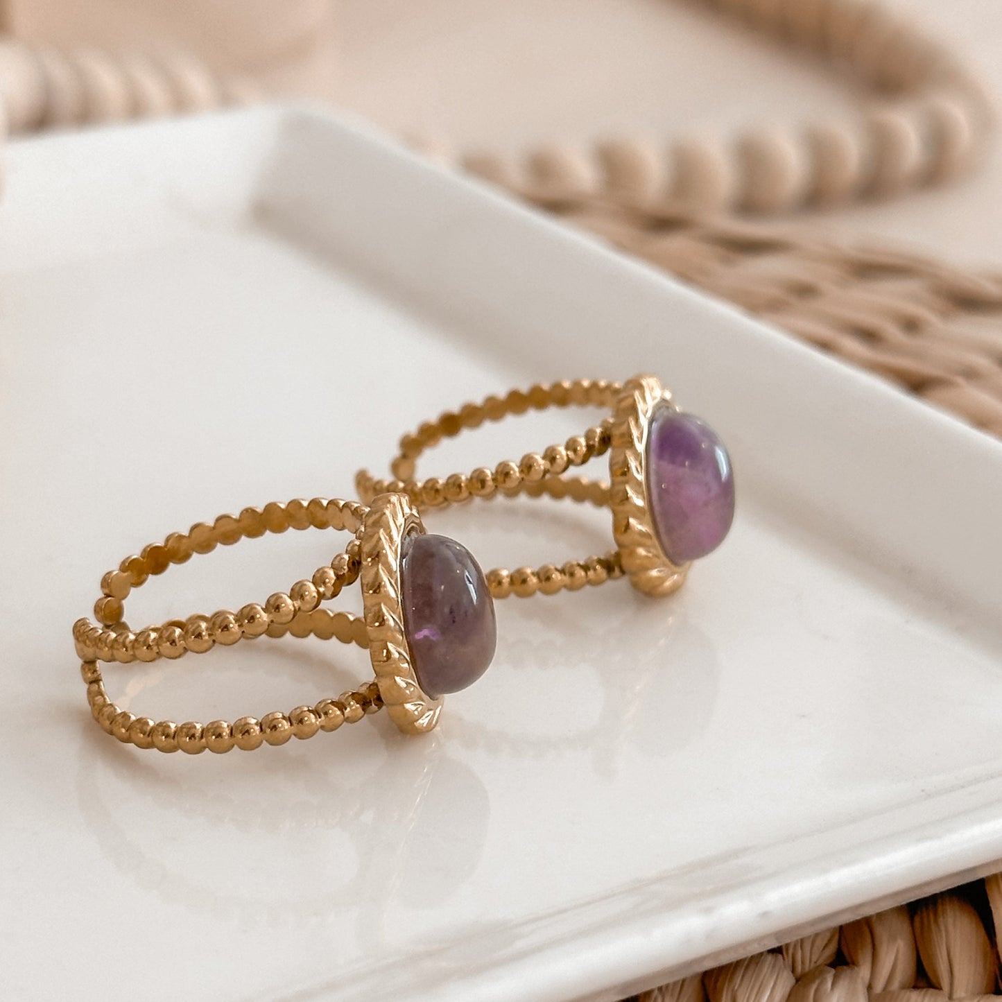 Adjustable Purple Gemstone Ring 18K Gold