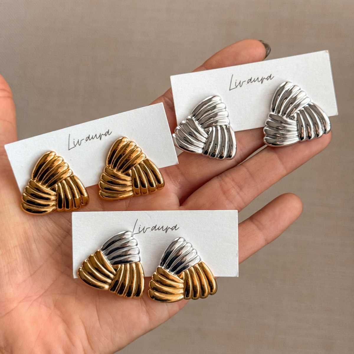 Ribbed triangle earrings in gold and silver on Liv Aura earring cards – Liv Aura