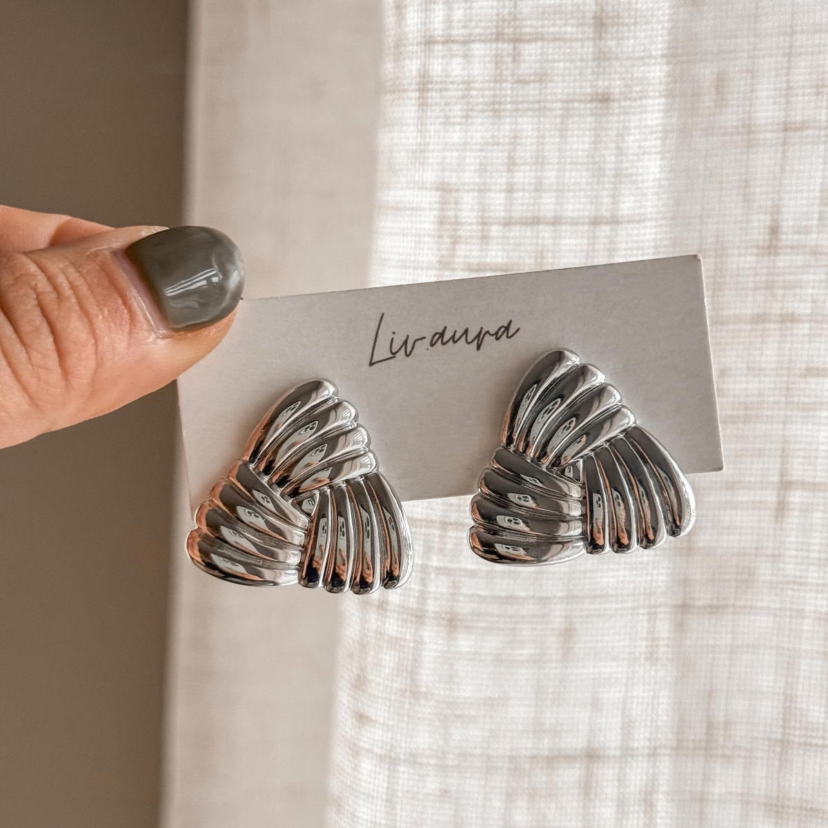 Silver ribbed triangle earrings on a Liv Aura earring card – Liv Aura