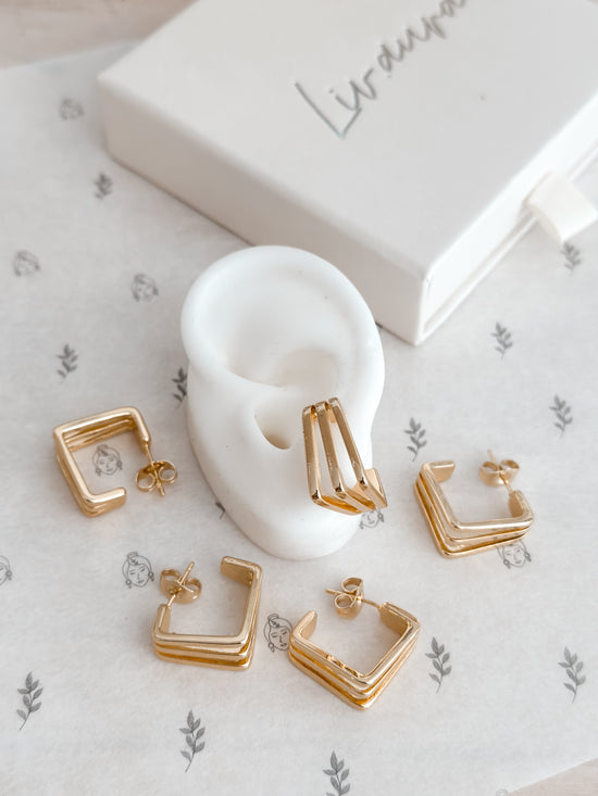 Gold Triple Square Hoop Earrings