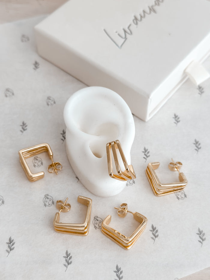 Gold Triple Square Hoop Earrings