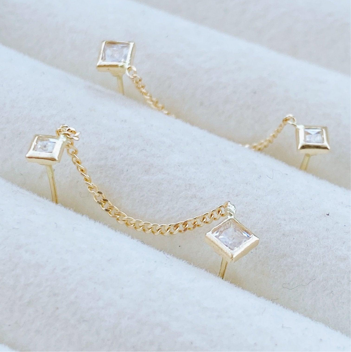 Double Square Piercing Earring – 10K Gold, Screw Back, Hypoallergenic, Piercing Jewelry