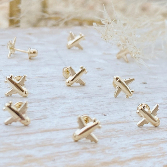 10K Gold Airplane Stud Earrings – Hypoallergenic & Waterproof | Perfect for Travel Lovers