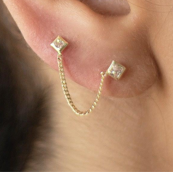 Double Square Piercing Earring – 10K Gold, Screw Back, Hypoallergenic, Piercing Jewelry