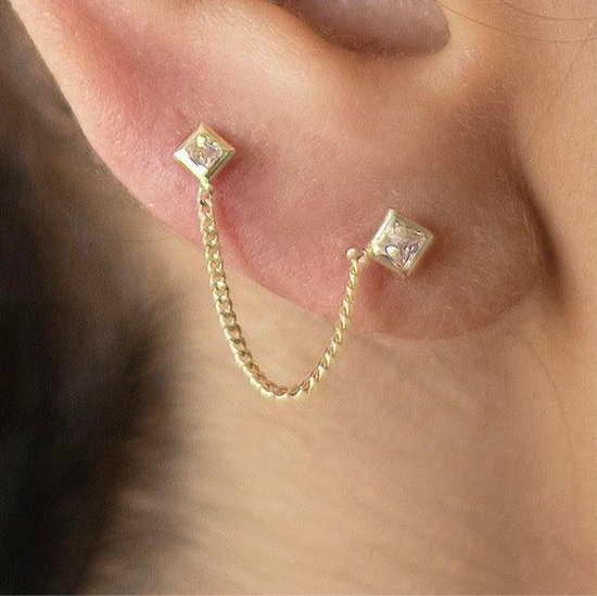 Double Square Piercing Earring – 10K Gold, Screw Back, Hypoallergenic, Piercing Jewelry