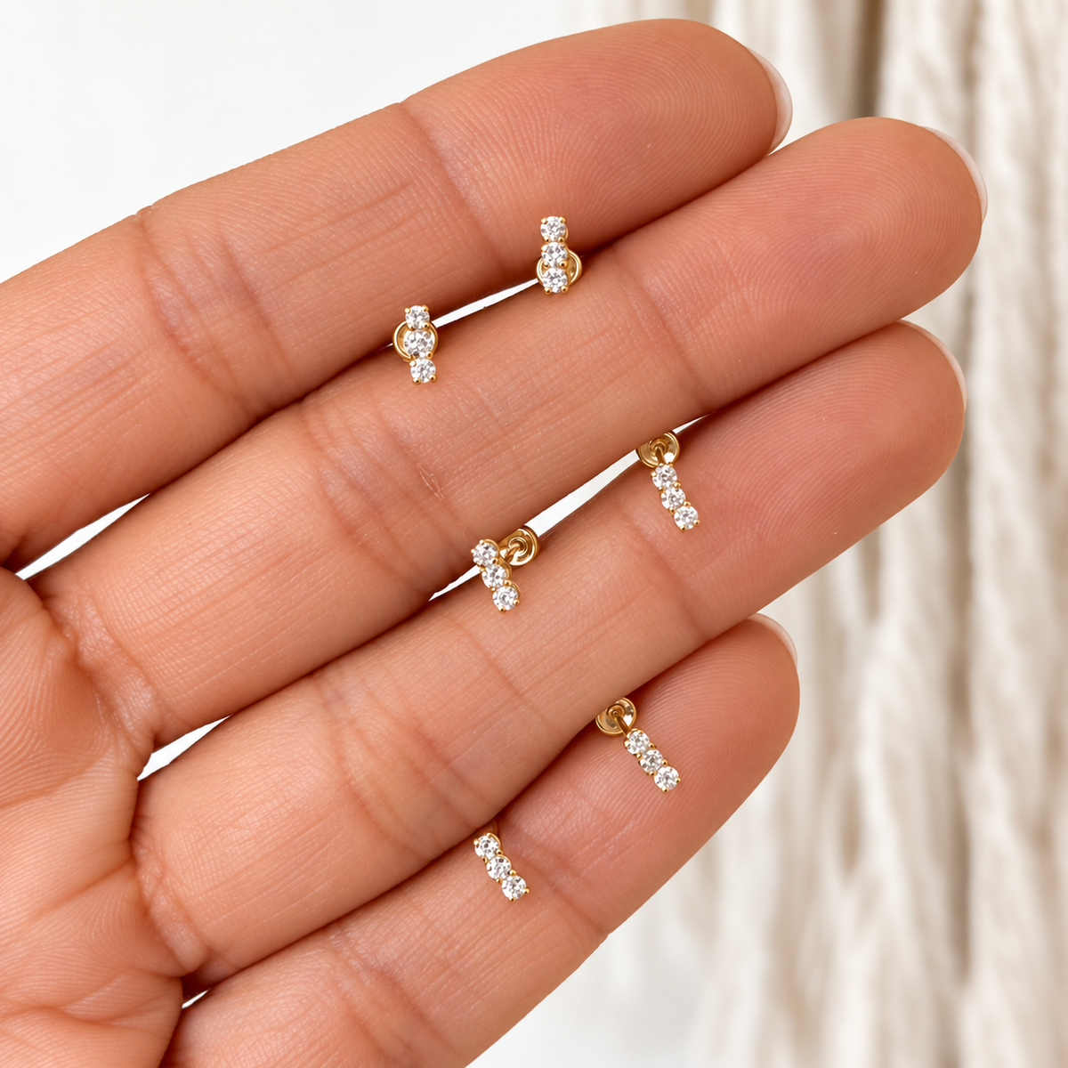10K Solid Gold White CZ Bar Stud Earrings