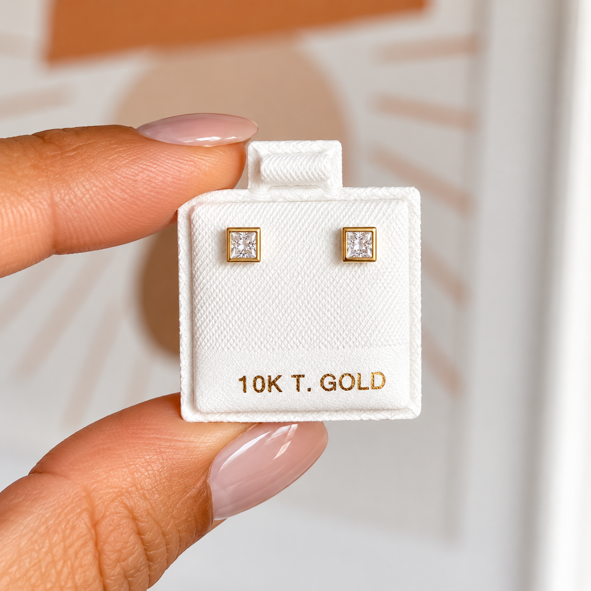 10K Solid Gold Square CZ Stud Earrings