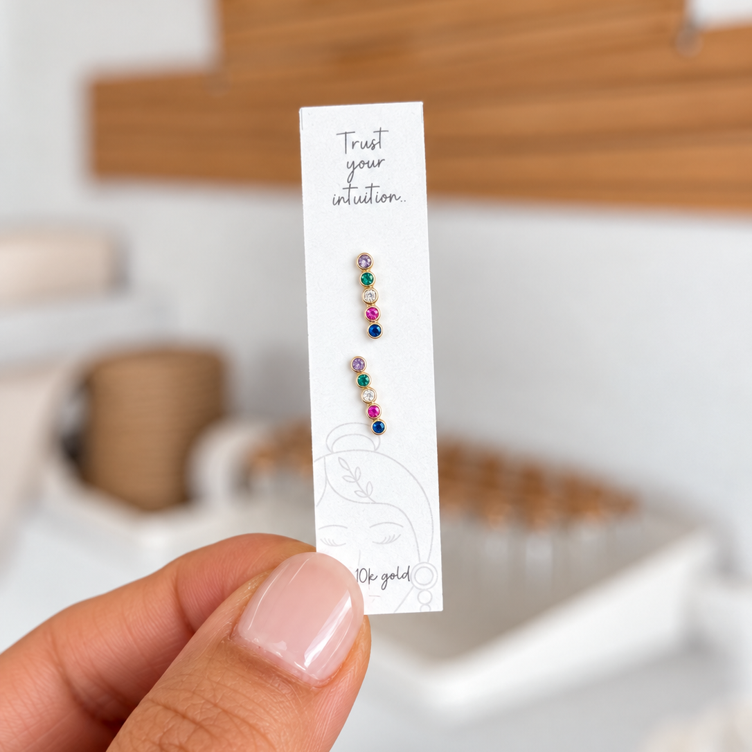 10K Solid Gold Multicolor CZ Bar Stud Earrings