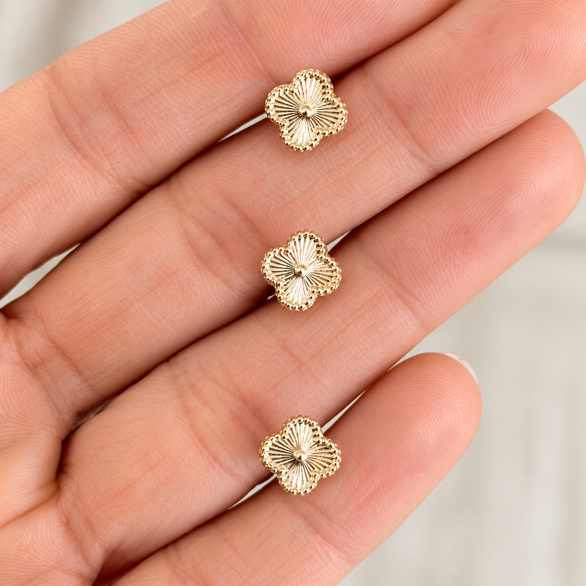 10K & 14K Solid Gold Clover Flower Stud Earrings