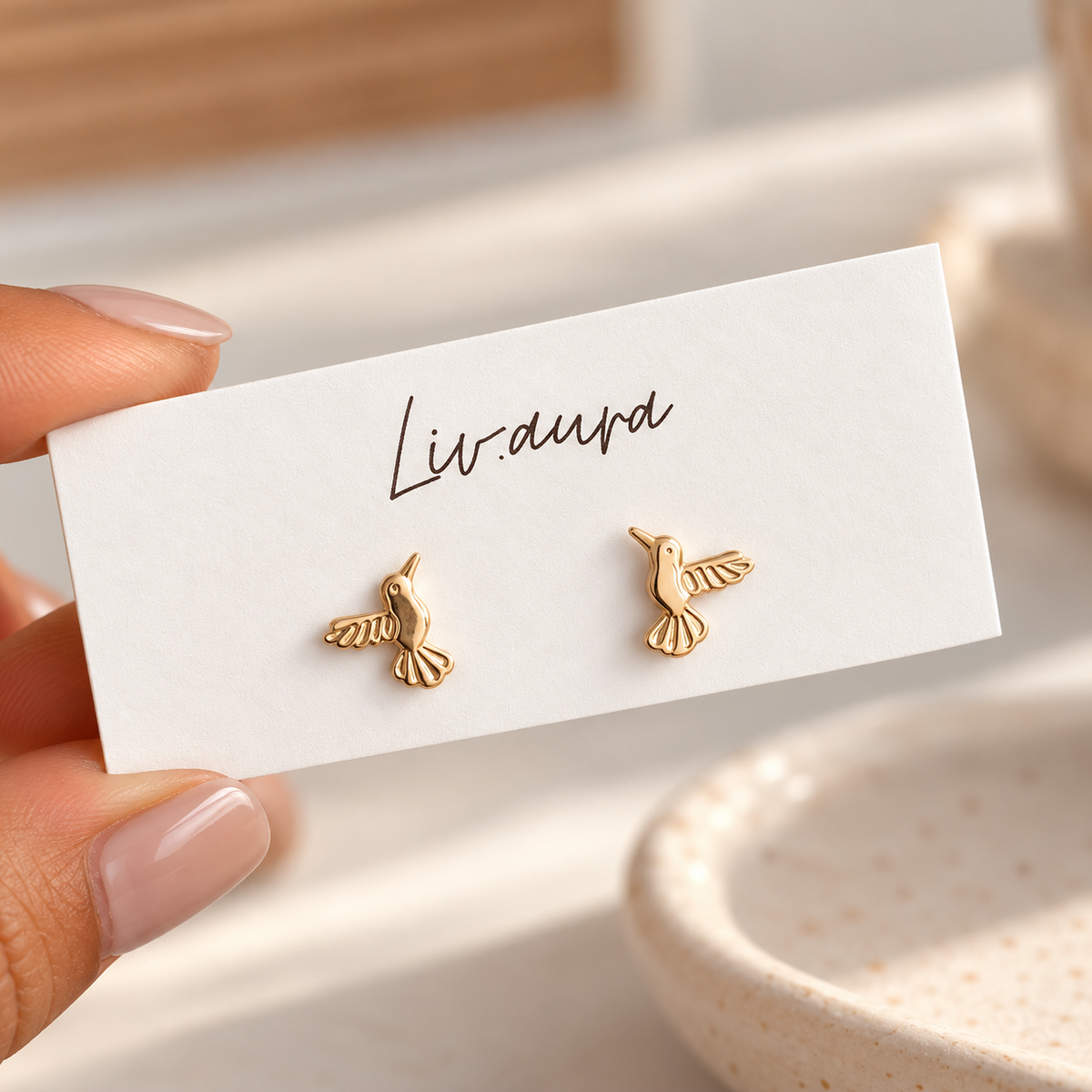 10K Solid Gold Hummingbird Stud Earrings
