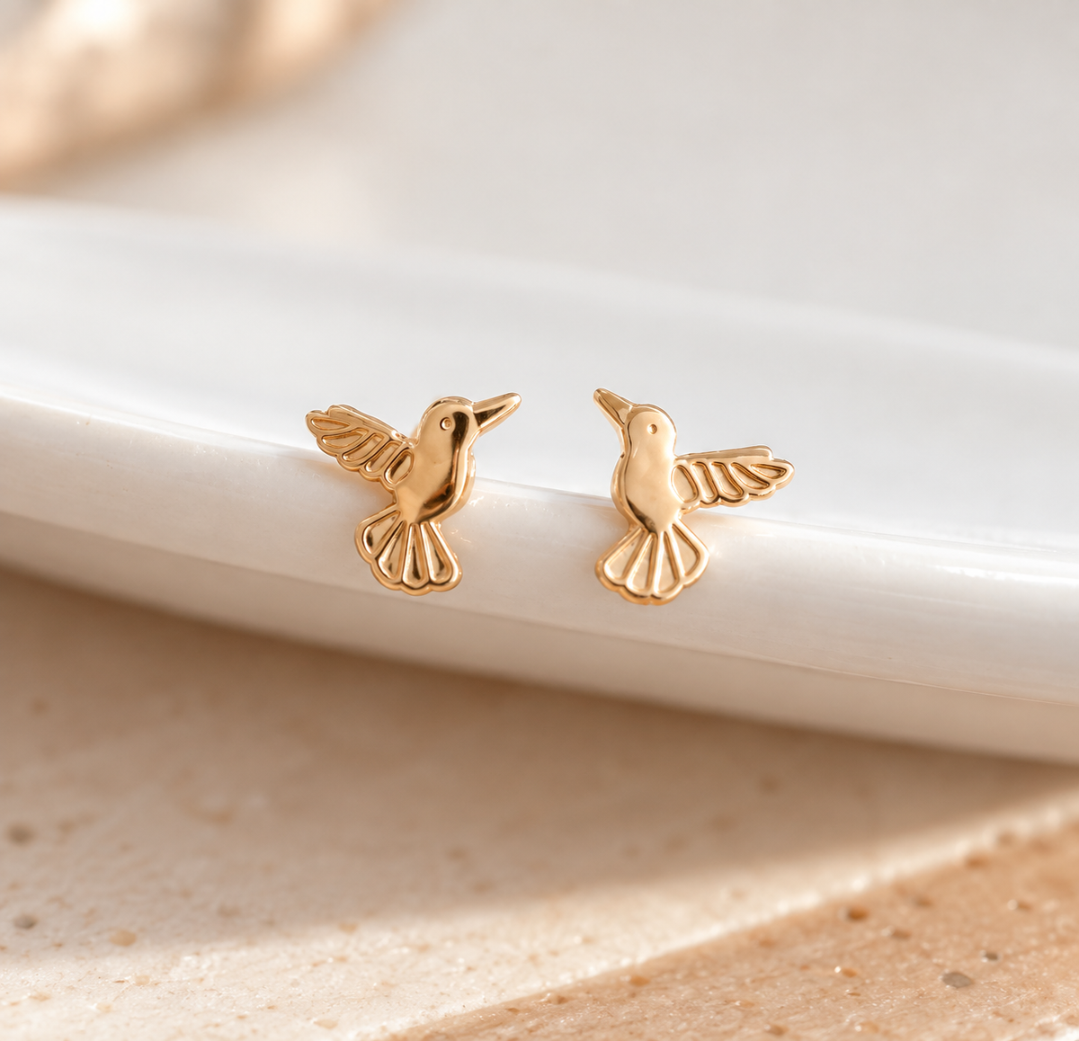 10K Solid Gold Hummingbird Stud Earrings