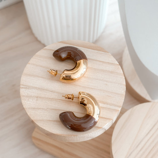 Brown and Gold Chunky Hoop Earrings 18K Gold