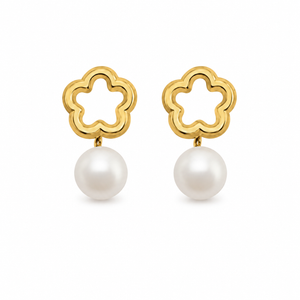 10K Gold Pearl Flower Stud Earrings