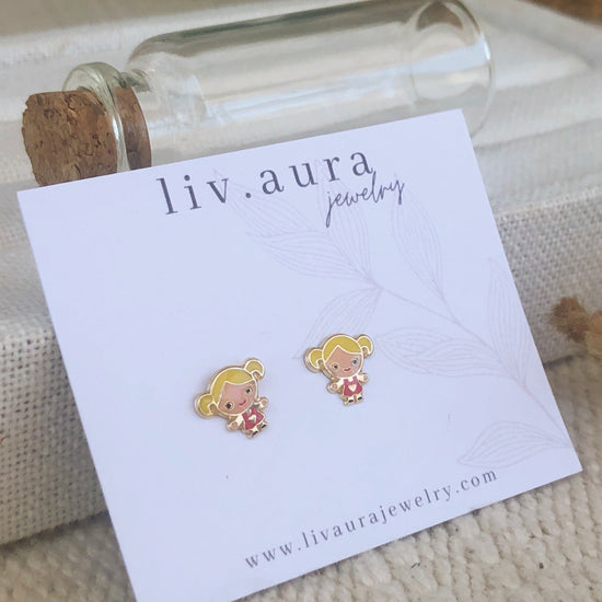 Load image into Gallery viewer, These Little Girl Gold Stud Earrings are the perfect accessory for your new Spring and Summer wardrobe! P
