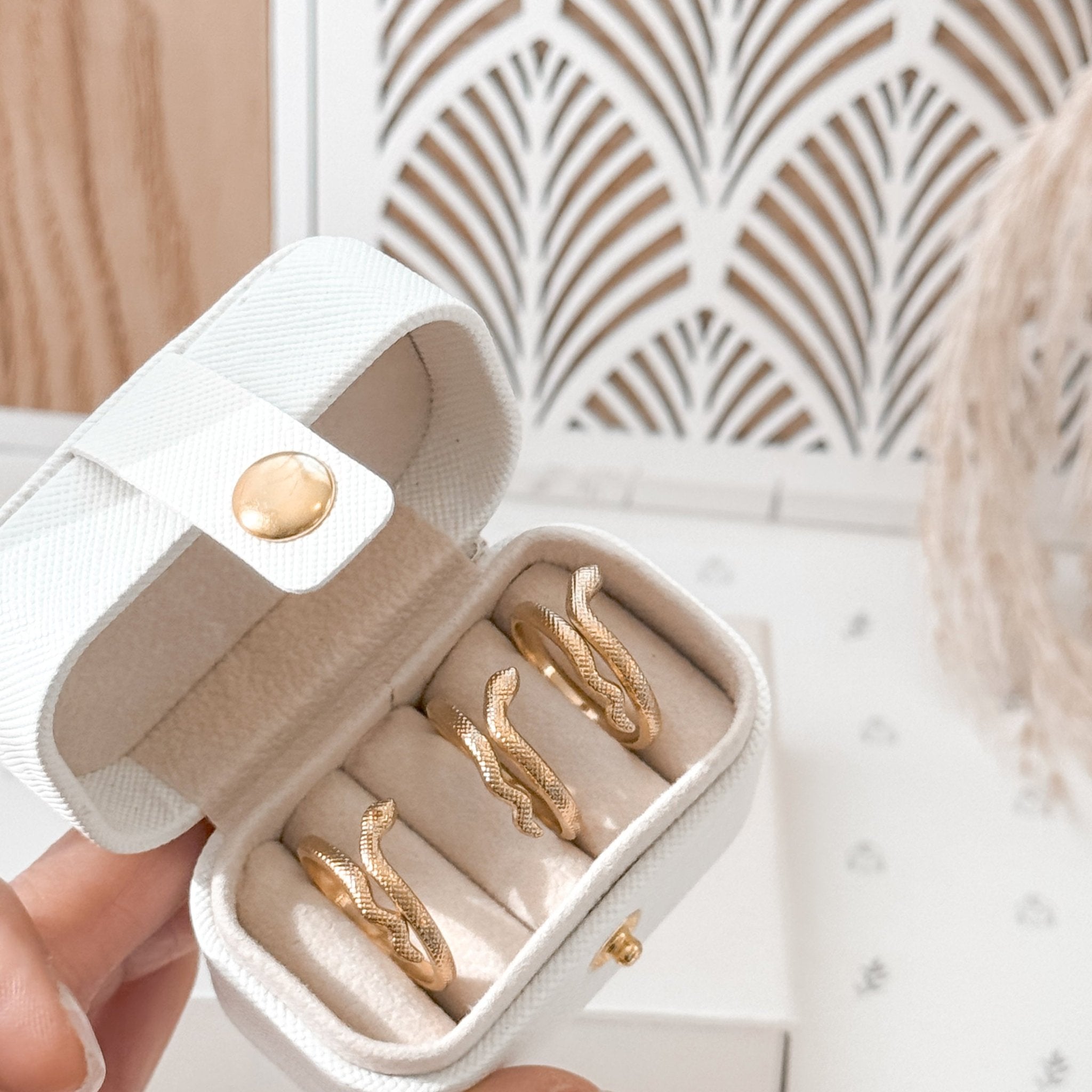 18K gold plated snake ring inside Liv Aura jewelry box – waterproof and hypoallergenic piece with symbolic design