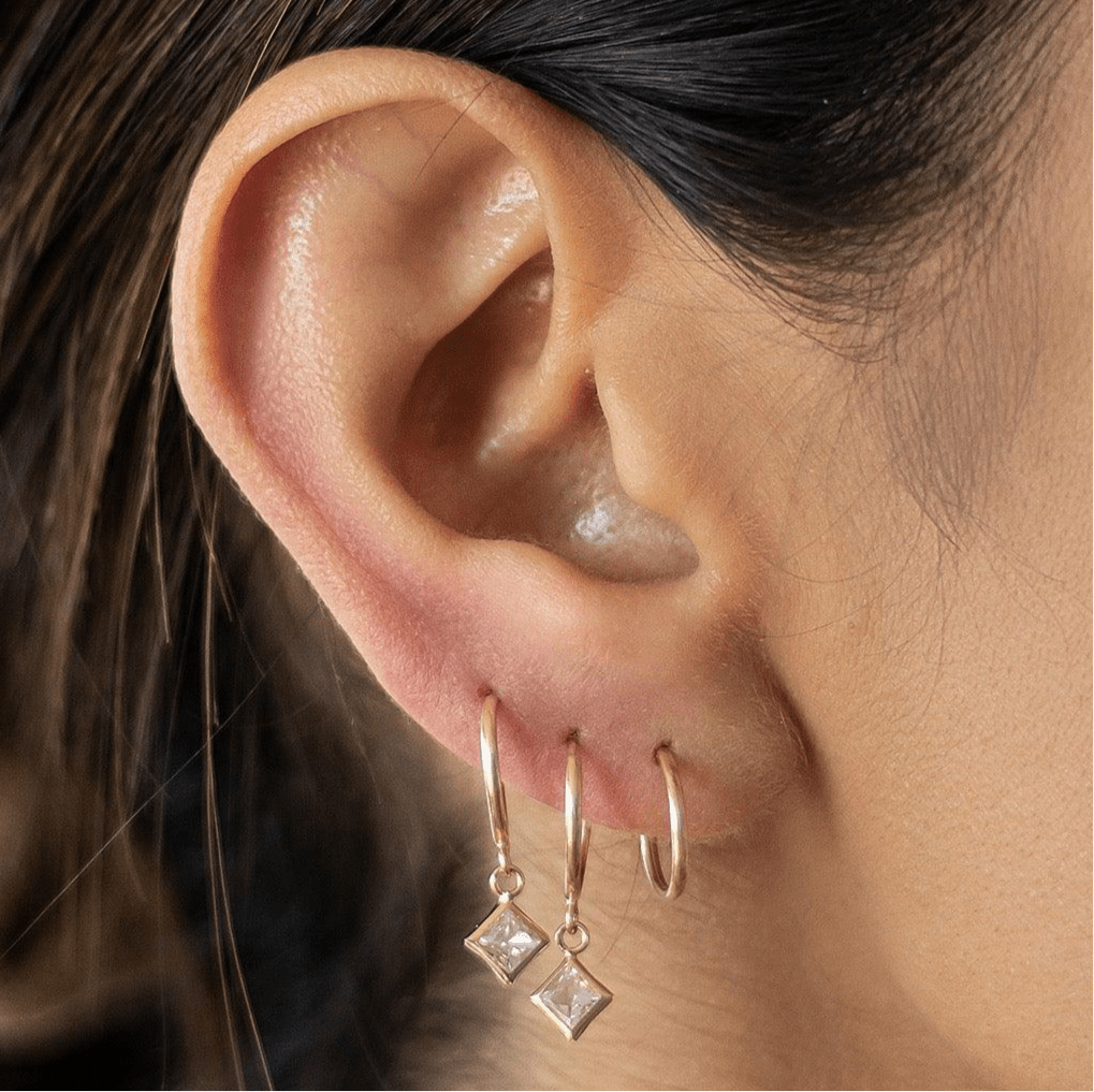 Rhomboid CZ Bezel Dangle Hoop Earrings 10K Gold - Liv.Aura Jewelry