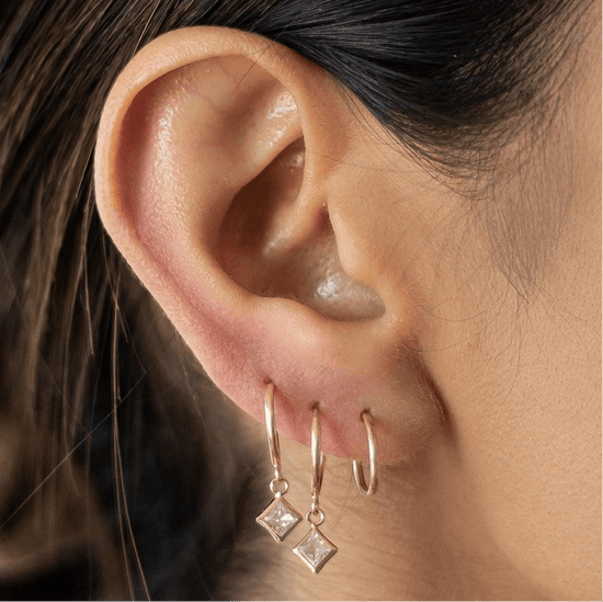 Rhomboid CZ Bezel Dangle Hoop Earrings 10K Gold - Liv.Aura Jewelry