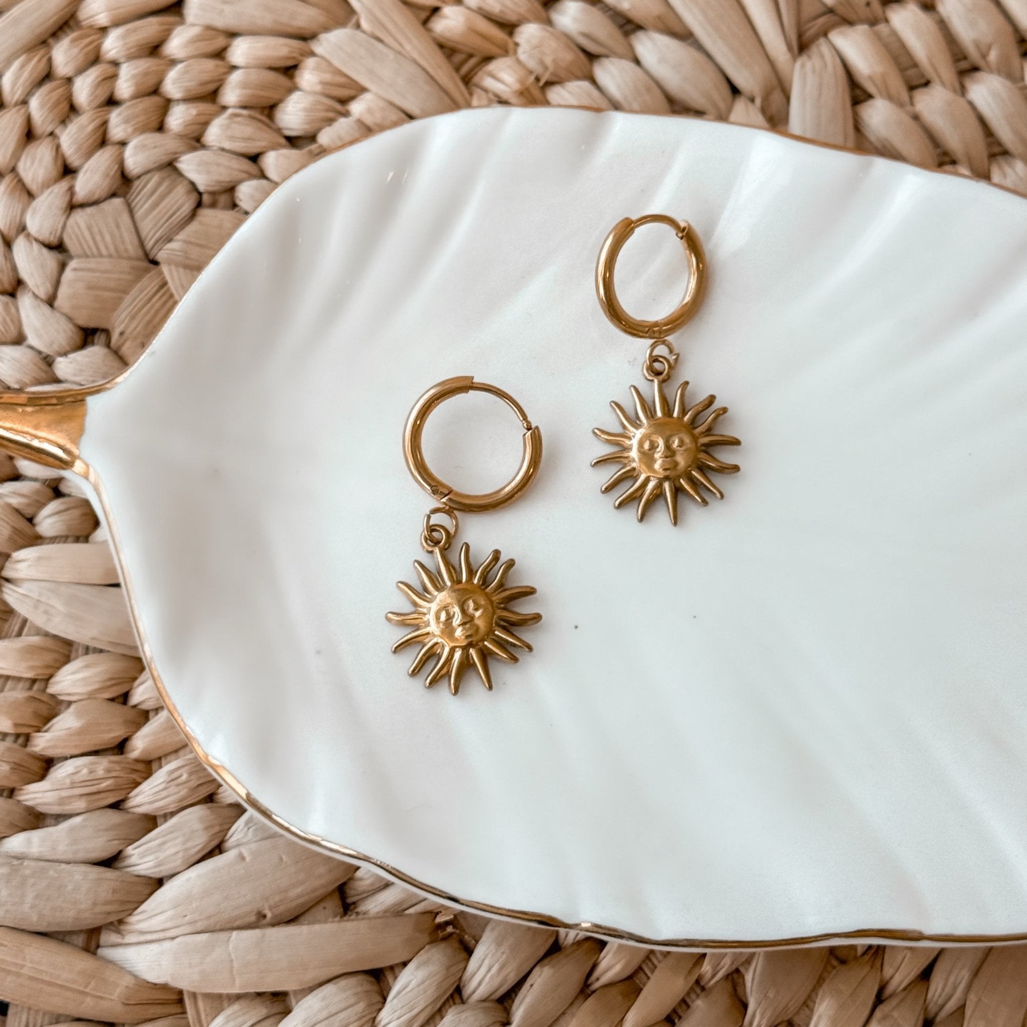 Solstice Hoops – 18K Gold Sun Dangle Earrings, Waterproof & Lightweight - Liv.Aura Jewelry