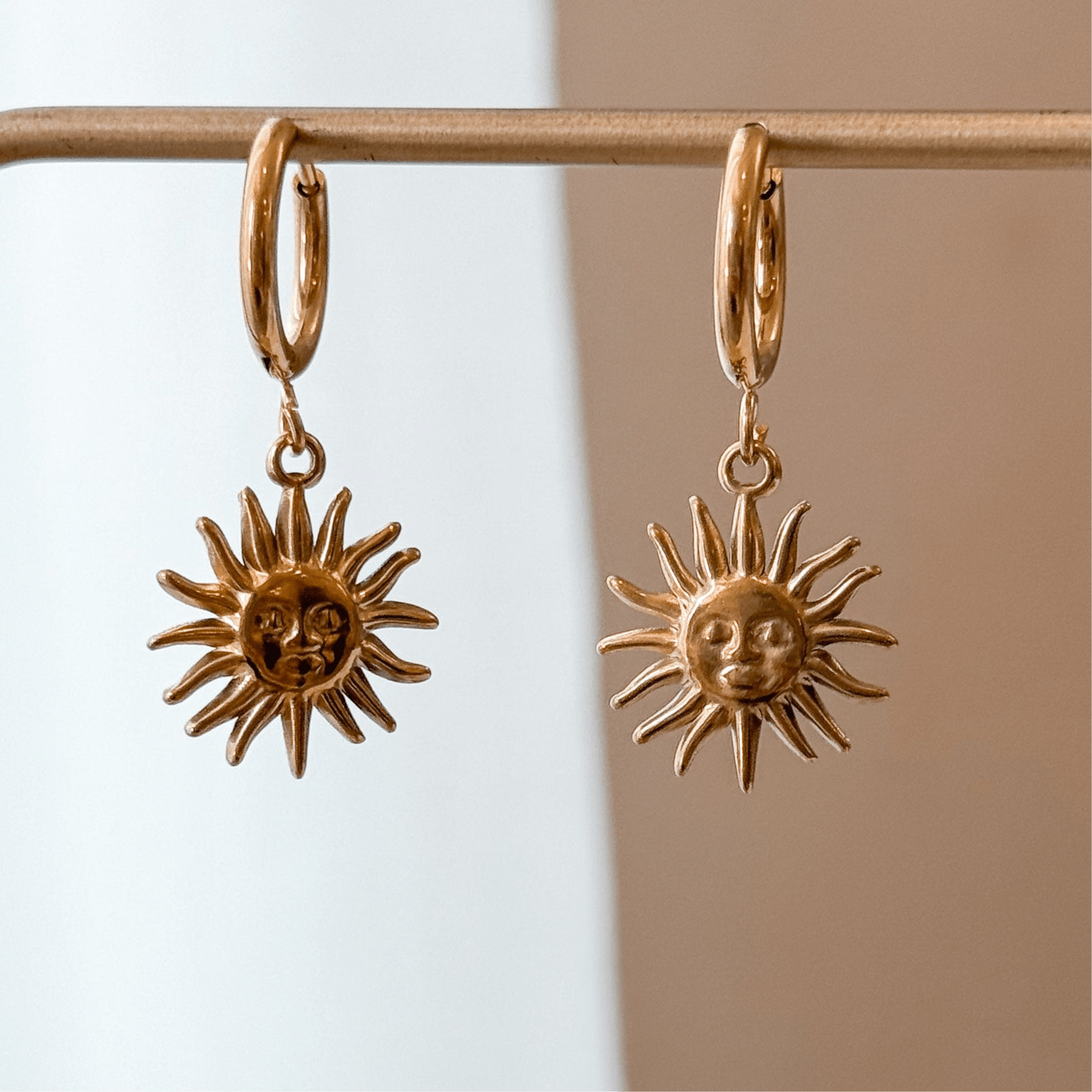 Solstice Hoops – 18K Gold Sun Dangle Earrings, Waterproof & Lightweight - Liv.Aura Jewelry