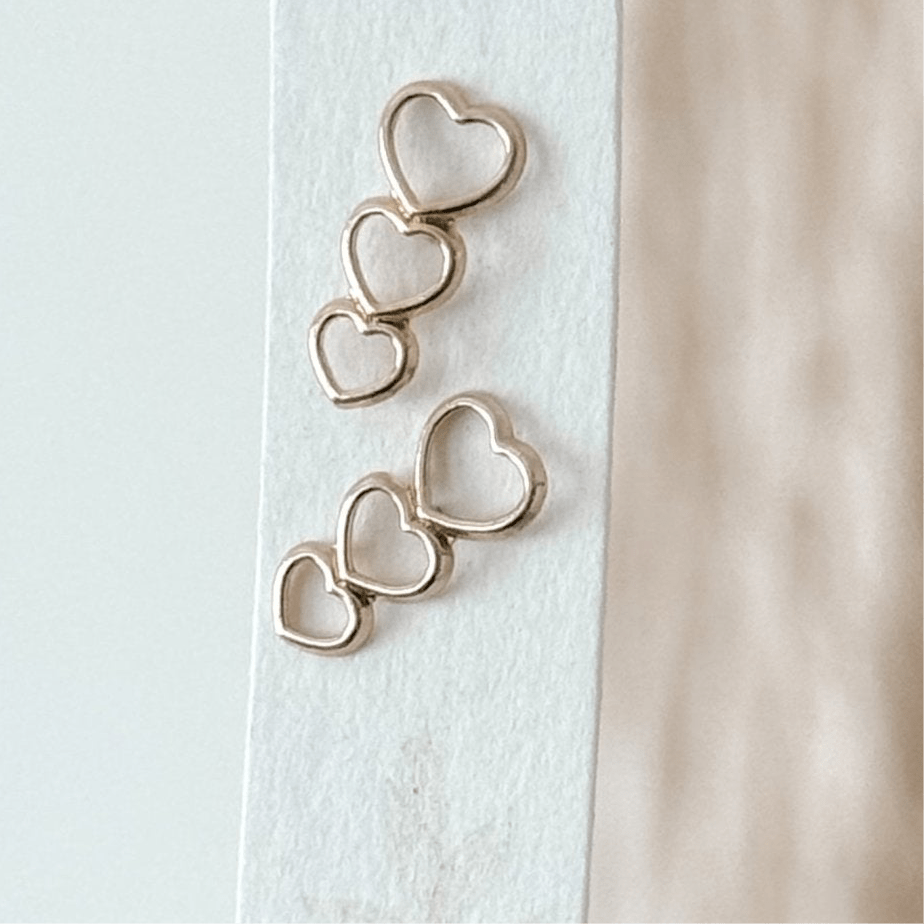 Triple Heart Ear Climber – 10K Gold Stud Earring, Hypoallergenic & Screw Back - Liv.Aura Jewelry