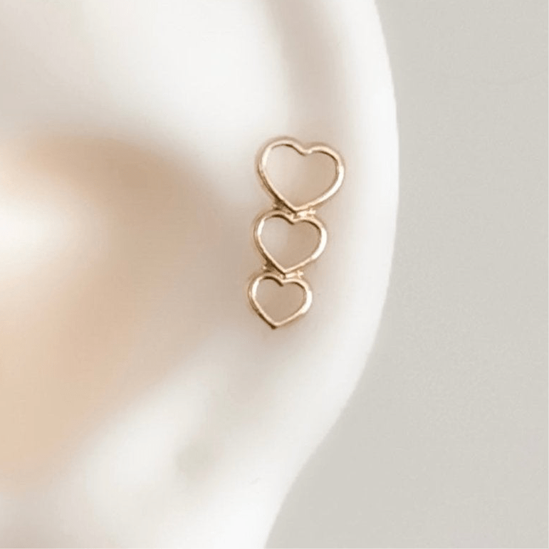 Triple Heart Ear Climber – 10K Gold Stud Earring, Hypoallergenic & Screw Back - Liv.Aura Jewelry