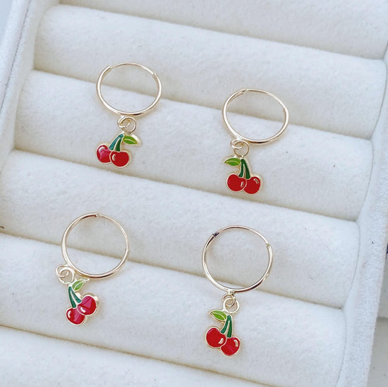 Load image into Gallery viewer, Cherry earrings make the perfect gift for your favorite gal. These sweet little cherry hoop earrings are a fun and feminine way to add some drama to your jewelry collection.

