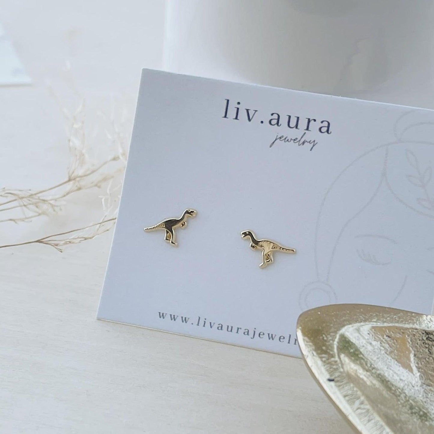 Load image into Gallery viewer, Gold Dinosaur Stud Earrings 10K Gold - Liv.Aura Jewelry
